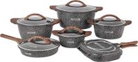 Royalford Granoware 12-Piece Cookware Set - RF11737 Die Cast Aluminum with Granite Coated Body Induction, Wooden Finish Bakelite Handles and Tempered Glass Lid Casseroles, Grill Pan and Fry Pan