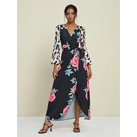 Satin Wedding Guest Floral Leopard Print Short Sleeve V Neck Maxi Dress - thumbnail