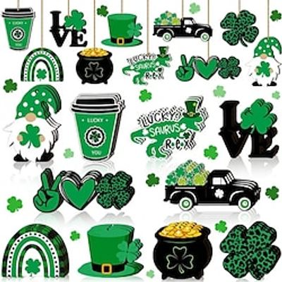 30pcs St. Patrick's Day Wooden Ornaments - Shamrock Hello Spring Tree Hanging Sign Decorations Lightinthebox