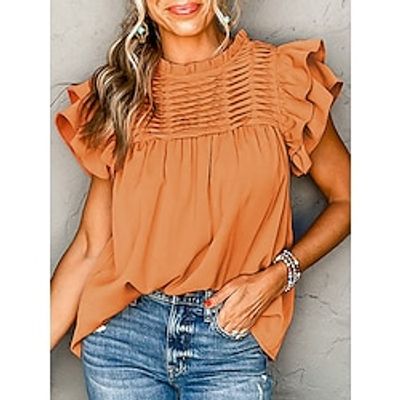 Shirt Blouse Women's Orange Solid Color Ruched Ruffle Street Daily Fashion Round Neck S Lightinthebox