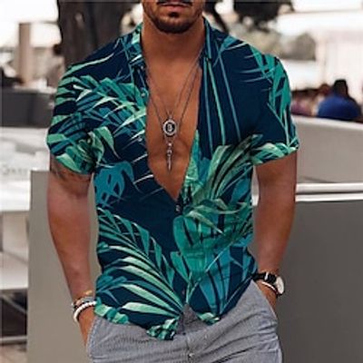 Men's Shirt Graphic Shirt Leaves Turndown Green 3D Print Outdoor Street Short Sleeves Button-Down Print Clothing Apparel Fashion Designer Casual Breathable  Summer  Spring  Summer Lightinthebox