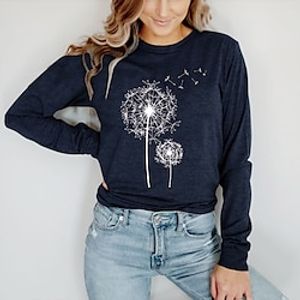 Women's T shirt Tee Graphic Dandelion Casual Daily Holiday Floral T shirt Tee Long Sleeve Print Round Neck Basic Green Black Blue S Lightinthebox