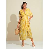 Yellow Ruched Split Cross Front Half Sleeve Midi Dress - thumbnail