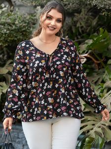 YOINS Plus Size V-neck Floral Print Tie-up Design Long Sleeves Blouse