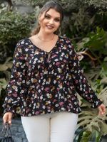 YOINS Plus Size V-neck Floral Print Tie-up Design Long Sleeves Blouse - thumbnail