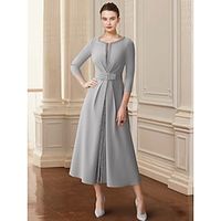 A-Line Mother of the Bride Dress Wedding Guest Elegant Scoop Neck Tea Length Stretch Chiffon 34 Length Sleeve with Bow(s) Sequin Ruching 2023 Lightinthebox - thumbnail