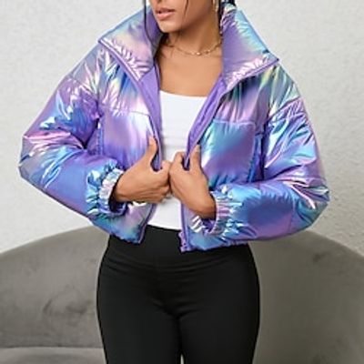 Women's Parka Puffer Jacket Cropped Winter Coat Zip up Stand Collar Coat Thermal Warm Heated Coat Fall Outerwear with Pockets Classic Long Sleeve Rainbow Fashion Street Party Wear Lightinthebox