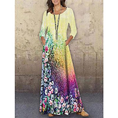 Women's Shift Dress Maxi long Dress Yellow 34 Length Sleeve Floral Print Print Spring Summer Round Neck Casual 2021 S M L XL XXL 3XL Lightinthebox