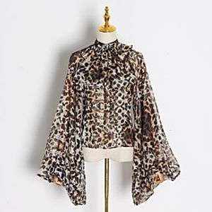Women's Blouse Shirt Solid Colored Leopard Cheetah Print Long Sleeve Standing Collar Tops White Black Yellow miniinthebox