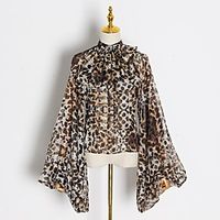 Women's Blouse Shirt Solid Colored Leopard Cheetah Print Long Sleeve Standing Collar Tops White Black Yellow miniinthebox - thumbnail
