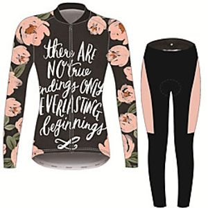 21Grams Floral Botanical Women's Long Sleeve Cycling Jersey with Tights - Black / Orange Bike Clothing Suit Thermal Warm Anatomic Design Ultraviolet Resistant Sports Winter Fleece Terylene Polyester miniinthebox