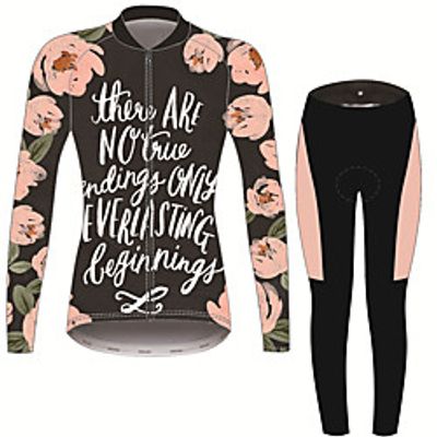 21Grams Floral Botanical Women's Long Sleeve Cycling Jersey with Tights - Black / Orange Bike Clothing Suit Thermal Warm Anatomic Design Ultraviolet Resistant Sports Winter Fleece Terylene Polyester miniinthebox