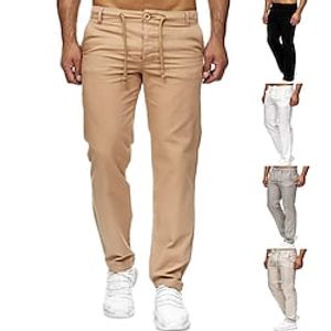 Men's Linen Pants Trousers Beach Pants Casual Pants Pocket Drawstring Straight Leg Solid Color Comfort Full Length Casual Daily Going out Linen  Cotton Blend Stylish Simple Black Khaki Micro-elastic Lightinthebox