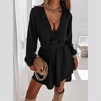 Women's Casual Dress Black Dress Green Blue Black Long Sleeve Pure Color With Belt Winter Fall Shirt Collar Stylish Modern Fall Dress 2022 S M L XL 2XL  Winter Dress Lightinthebox - thumbnail