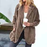 Women's Fleece Jacket Hooded Sherpa Jacket Warm Teddy Coat with Pocket Open Front Plush Casual Street Outerwear Long Sleeve Fall Winter Coat Black Lightinthebox - thumbnail