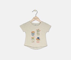 Little Girls Floral Vase Embroidered T-Shirt  Beige