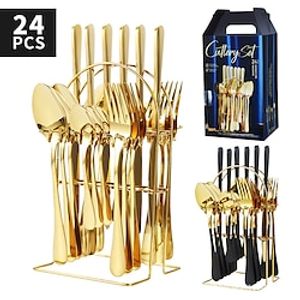 24 Piece Gold Silverware Flatware Cutlery Set with Stand Include Knife Fork Spoon, Hanging Stainless Steel Utensils Set, Home Kitchen Tableware Set-Green Handle Lightinthebox