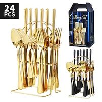 24 Piece Gold Silverware Flatware Cutlery Set with Stand Include Knife Fork Spoon, Hanging Stainless Steel Utensils Set, Home Kitchen Tableware Set-Green Handle Lightinthebox - thumbnail