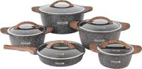 Royalford Granoware 10-Piece Cookware Set-RF11738 Die Cast Aluminum With Granite Coated Body Induction Base, Wooden Finish And Tempered Glass Lid Includes Casseroles, Grill Pan And Fry Pan