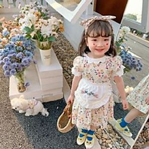 kids colorful floral printed dresses girls petal lapel puff sleeve princess dressbird flowers embroidery apron 2pcs sets q0105 Lightinthebox