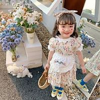 kids colorful floral printed dresses girls petal lapel puff sleeve princess dressbird flowers embroidery apron 2pcs sets q0105 Lightinthebox - thumbnail