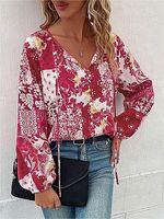 Women's Elegant Retro Floral Print V-Neck Casual Shirt