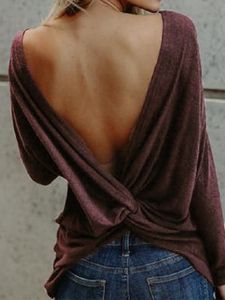 Backless Design Twist Round Neck Long Sleeves Tee