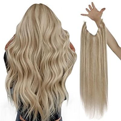 Sunny Blonde Hair Extensions Invisible Wire Hair Extensions Blonde Highlights Hairpiece Golden Blonde Highlighted Dark Ash Blonde Wire Hair Extensions Real Human Hair 20Inch 100G Lightinthebox