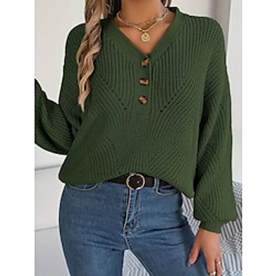 Women's Pullover Sweater Jumper Jumper Crochet Knit Regular Oversized Solid Color V Neck Casual Daily Weekend Lantern Sleeve Fall Winter Green S M L Lightinthebox