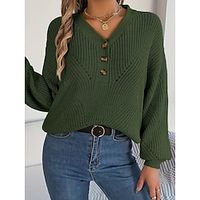 Women's Pullover Sweater Jumper Jumper Crochet Knit Regular Oversized Solid Color V Neck Casual Daily Weekend Lantern Sleeve Fall Winter Green S M L Lightinthebox - thumbnail