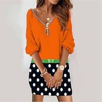 Women's Sweatshirt Dress Shift Dress Short Mini Dress Yellow Orange Long Sleeve Plaid Polka Dot Zipper Print Fall Winter V Neck Vacation Casual Halloween 2022 S M L XL XXL 3XL miniinthebox - thumbnail