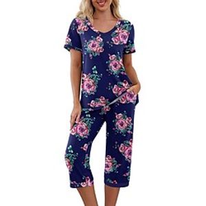 Women's Loungewear Sets Flower Comfort Sweet Home Polyester V Wire Short Sleeve Pant Pocket Spring Summer Black Royal Blue Lightinthebox