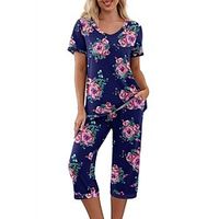 Women's Loungewear Sets Flower Comfort Sweet Home Polyester V Wire Short Sleeve Pant Pocket Spring Summer Black Royal Blue Lightinthebox - thumbnail