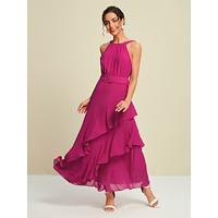 Chiffon Wedding Guest Sleeveless Ruffle Solid Maxi Party Dress