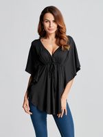 Sexy Women Deep V Neck Drawstring Batwing Sleeve Solid Blouse