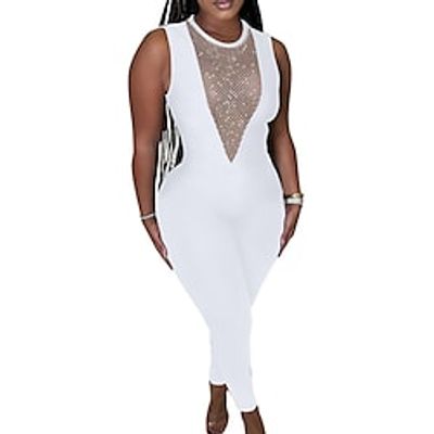 Women's Jumpsuit Beaded Mesh Solid Color Round Neck Active Home Sport Regular Fit Sleeveless White Black Red S M L Spring Lightinthebox Women's Jumpsuit Beaded Mesh Solid Color Round Neck Active Home Sport Regular Fit Sleeveless White Black Red S M L Spring Lightinthebox
