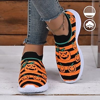 Women's Orange and Black Contrast Stripes Halloween Pumpkin Graphic Print Lightweight Breathable and Soft Flyknit Sneakers Lightinthebox