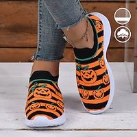Women's Orange and Black Contrast Stripes Halloween Pumpkin Graphic Print Lightweight Breathable and Soft Flyknit Sneakers Lightinthebox - thumbnail