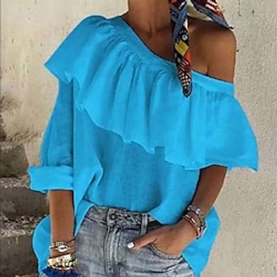 Women's Daily Weekend Blouse Shirt Plain Long Sleeve Ruffle One Shoulder Casual Streetwear Tops Blue Orange S miniinthebox Women's Daily Weekend Blouse Shirt Plain Long Sleeve Ruffle One Shoulder Casual Streetwear Tops Blue Orange S miniinthebox