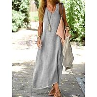 Women's Casual Dress Cotton Linen Dress Tank Dress Maxi long Dress Linen Cotton Blend Basic Modern Daily Weekend V Neck Basic Sleeveless Summer Spring Loose Fit Pink Blue khaki Plain S M L XL 2XL Lightinthebox