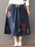 Casual Embroidery Patchwork Denim Elastic Waist Skirt For Women