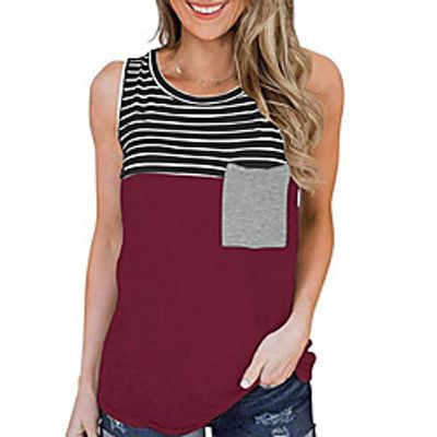 Women's Tank Top Shirt Striped Pocket Round Neck Casual Streetwear Tops Green Blue White miniinthebox