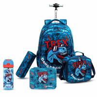 Eazy Kids 18Inch Set Of 5 Trolley School Bag With Bento Lunch Box Tritan 420Ml Water Bottle Lunch Bag And Pencil Case - Trex Dinosaur - Blue