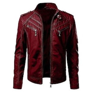 Men's Faux Leather Jacket Casual Jacket Biker Jacket Motorcycle Jacket Thermal Warm Rain Waterproof Casual Zipper Stand Collar Casual Jacket Outerwear Pure Color Faux Fur Trim Black Wine miniinthebox