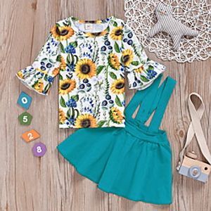 Kids Little Girls' Dress Sun Flower Floral Print Green Knee-length Long Sleeve Active Dresses Summer Regular Fit 2-6 Years miniinthebox
