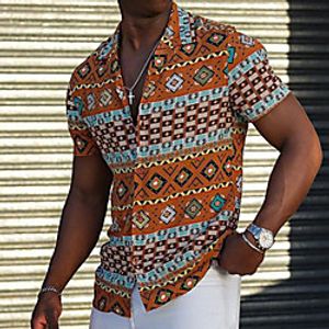 Men's Shirt Tribal Geometry Button-Down Print Short Sleeve Street Tops Casual Fashion Breathable Comfortable Yellow miniinthebox