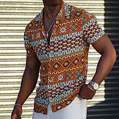 Men's Shirt Tribal Geometry Button-Down Print Short Sleeve Street Tops Casual Fashion Breathable Comfortable Yellow miniinthebox