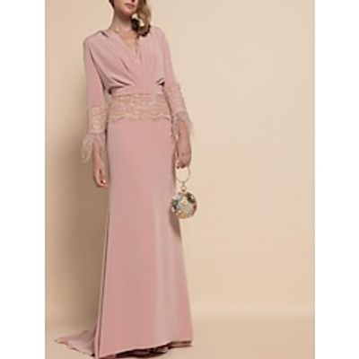 A-Line Mother of the Bride Dress Wedding Guest Elegant V Neck Sweep  Brush Train Satin 34 Length Sleeve with Feather Lace Ruching 2023 Lightinthebox