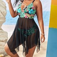 Women's Swimwear Tankini 2 Piece Plus Size Swimsuit 2 Piece Floral Red Burgundy Green Tank Top Strap Bathing Suits Sports Summer Lightinthebox - thumbnail