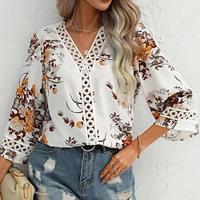 Women's Shirt Blouse Floral Daily Vacation Lace Print White 3/4 Length Sleeve Casual V Neck Spring Summer Lightinthebox